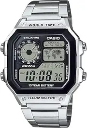 [Casio] AE1200WH Series | Men’s Digital Watch | 100M WR | Multi Alarms | 100 SEC Stopwatch | Countdown Timer | World Map for World Time | LED Light | LC Analog Display | 10 Year Battery