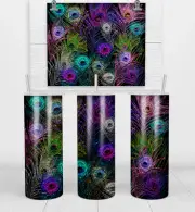 Glittery Look Regal Peacock Feathers 20 Oz Skinny Metal Tumbler w/Lid and Straw