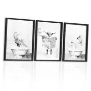 Set of 3 Framed Funny Animal Wall Art, Penguin, Cow & Elephant 8"x10" Black