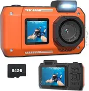 Anlayliay Waterproof Camera 4K 65MP Underwater Camera with 64G Card, for Snorkeling Autofocus Selfie Dual-Screen Orange