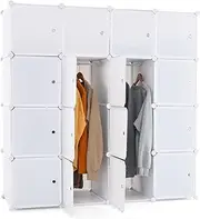 Giantex 16-Cube Storage Organizer, DIY Modular Closet Storage Cabinet with Hanging Poles for Clothing, Portable Plastic Storage Shelf, Bookshelf, for Home, Office, Bedroom (White)
