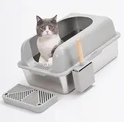 FOXORU Extra Large Stainless Steel Cat Litter Tray with Lid - High Sided Metal Litter Box for Big Cats, Enclosed Pet Litter Pan with Scoop and Filter - XL Covered Litter Boxes for Multiple Cats