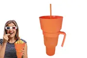 Reusable Tumbler Popcorn Cup Beverage Snack Multifunctional Split Cup With Straw-Orange