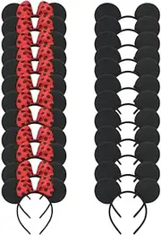 [YOLIURCH] Set of 24 Mouse Costume Deluxe Fabric Ears Headband White Polka Dots Bow Boys Girls Birthday Party Hairs Accessories Baby Shower Headwear Halloween Party Favors Decorations (Red with Black Dot)