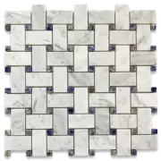 C656XP Carrara White Marble Basketweave Mosaic Tile Azul Blue Dots Polished