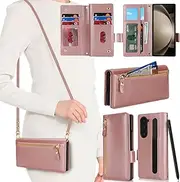 [SunYoo] for Samsung Galaxy Z Fold5 Wallet Case for Women,for Galaxy Z Fold 5 ZFold5 Case with Strap Crossbody Lanyard,Leather Shockproof Card Holder Stand Zipper Pocket Flip Phone Case Pink