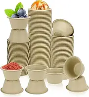 LeonBach 100 Pack Natural Bagasse Fiber Bowls 2oz Disposable Paper Cups Microwavable Safe Sample Snack Charcuterie Serving for Sauce Portion Ice Cream Pet Food Desserts
