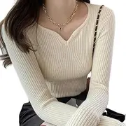 XUGYAO Ladies Sweater Women V-Neck Slim Bottoming Sweater Long Sleeve Knit Warm Casual Pullovers Office Sweater for Women Autumn Winter Apricot