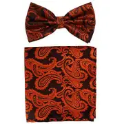New men's pre-tied bow tie & hankie paisley micro fiber black bronze formal prom