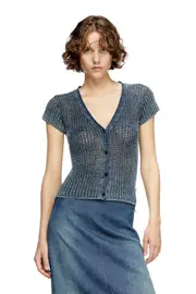 [Diesel] Diesel - Short-sleeve cardigan in denim mesh knit - Knitwear - Woman - Blue S Blue