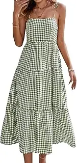 [SHINsuke] Women Summer Gingham Cottagecore Slip Midi Dress Casual Long Swing Flowy Pastel Tiered Pleated Cami Sundress Holiday Beach