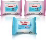 Pink line Combo of 2 Makeup remover wipes & 1 wet wipes for removes waterproof Mascara cleansing moisturising antiprutic soothing alcohol free sulfate free lochol free coton wipes (Pack of 3)