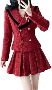 [Generic] Women Tweed Pleated Skirt 2 Piece Set Korean Single Breasted Blazer Coat Top A-Lined Short Skirt