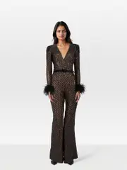 Black Sequin Feather Trim Jumpsuit