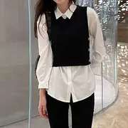 Plain Shirt / Cropped Sweater Vest Vest - Black - XL