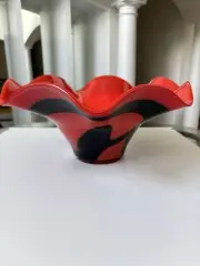 Murano Style Art Glass Bowl. Jozefina krosno hand blown fluted Orange black bowl