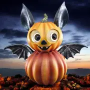 Halloween Bat Pumpkin Vampire Gourd Figure Orange Whimsical Big Batty Big Eyes