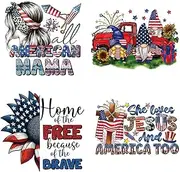 4th of July Iron on Transfers - 4 Sheets Patriotic DTF Ready to Press for T Shirts USA Heat Patches Stickers American Girl Jesus Designs Vinyl Decals for Clothes Hoodies Appliques Hat Decor DIY Craft