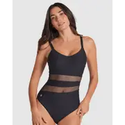 Leonisa Glittery Tummy Shaping One-Piece Swimsuit with Mesh Stripes