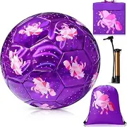 WinnerWhy 4 Pcs Size 3 Unicorn Soccer Ball Purple Pink Soccer Ball Gifts Set with Pump Drawstring Bag Colorful Box for Gift Backyard Lawn Sand Sport Outdoor Indoor
