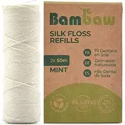 Bambaw Refill Silk Dental Floss | Candelilla Wax Tooth Floss | Natural Dental Tape | Plastic Free Dental Floss | Eco Floss | Stainless Steel | Zero Waste Floss | Silk Floss | Mint | 2 x 55 Yards |