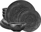 12 Piece Black Melamine Dinnerware Set - Durable, Dishwasher Safe Black Plates a