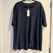 New Eileen Fisher Top Blue Linen V-Neck Knitted Pullover Short Sleeve Sz 3X