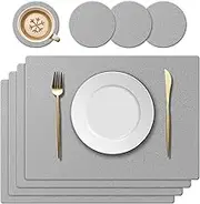 Silicone Place Mat and Coasters with Leaf Pattern, Heat Resistant 230 °C, Easy to Clean, Place Mat for Home, Kitchen, Restaurant, Hotel, Children's Plates, 40 x 30 cm, Set of 8, Light Grey