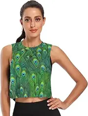 [ODAWA] Colorful Green Peacock Feathers Womens Sleeveless Crop Tops Tank Tops for Women