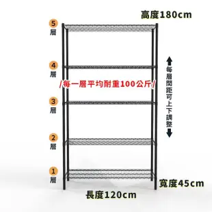 【A+探索生活】鐵架 120x45x180公分 耐重型 五層架 烤漆黑 層架 置物架 收納架 貨架(僅配送至1樓/不上樓)