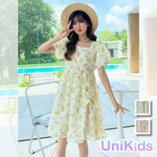 【UniKids】中大童裝短袖洋裝 韓版碎花網紗露背綁帶公主裙 女大童裝 CV碎花裙(粉紅 黃)