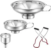 Stainless Steel Kitchen Funnel for Essential/Cooking Oils,3 Pcs Canning Funnels for Wide and Regular Jars for Transferring of Liquid, Fluid, Dry Ingredients & Powder,Jar Tongs Lifter
