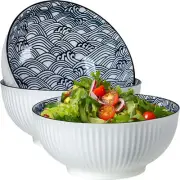 QINLANG Large Soup Bowls, Pho & Ramen Set of 3, 60 oz Blue & White Porcelain ...