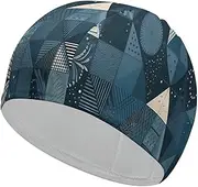 Mens Swim Cap for Women Blue Geometric Pattern Printed Polyester Super Stretchy Durable Bathing Cap Suitable Non-Slip Long Hair Swimming Hat