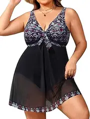 [Holipick] Plus Size Bathing Suit for Women One Piece Swimsuit Tummy Control Mesh Swim Dress
