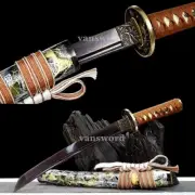 Japanese Tanto Folded Steel Mini Knife Samurai Sword Brass Tsuba Full Tang Sharp