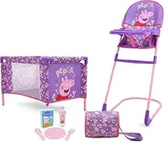 Peppa Pig: at Home 8pc Set - Purple, Pink, Flowers - Play Yard, Highchair, Handbag, Feeding Accessories, for Dolls Up to 18", Kids Toy, Ages 3+