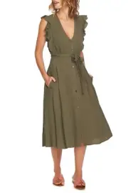 NWT 1. State Olive Green Button Front Midi Dress Size Large **Missing Belt
