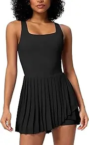 [ABOCIW] Tennis Dress for Women Square Neck Pleated Athletic Dress with Built-in Shorts & Bra Workout Golf Exercise Dress, Black, Small