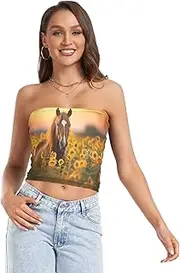 [RPLIFE] Dusk Horse Sunflowers Crop Top, Strapless Tops Going Out, Sheer Tube Tops, Sexy Tube Tops (S)