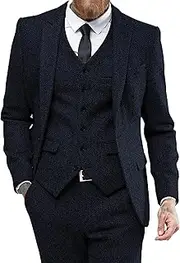 [JEShifangjiusu] Tweed Herringbone Wedding Suit Tuxedos Ball 3 Pieces Peak Lapel Wedding Dress Jacket Vest Pants Evening Outfit, Black, L