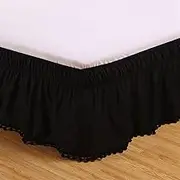 Elasticated Bed Skirt,Wrap Around Bed Skirts, Valance Sheet Double Tassle Pompom Fringe Ruffle Bed Skirt Wrap Around Style Elastic Withe Bed Wrap Wrinkle Resistant(Black,180x200x38cm)