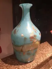 VINTAGE COLORFUL GLASS 16” H 9” W VASE WITH AQUA BRONZE SPARKLE Hand blown