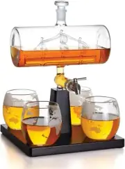 1L Whiskey or Wine Sailboat Glass Decanter Set 4X Globe Glasses + Wooden Stand