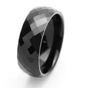 Men's 8mm Tungsten Ring Domed Black Color Enameled Faceted Band / Gift box