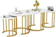 Giantex Nesting Coffee Table Set of 3, Stacking Side Tables w/Faux Marble Tabletop & Powder-Coated Gold Metal Frame, Oval Coffee Table and 2 Round End Tables for Living Room, Apartment, Office, White