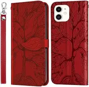 COTDINFOR Compatible with iPhone 11 Wallet Case, iPhone 11 Case Leather with Card Holder Magnetic Kickstand Wrist Strap Flip Shockproof Case for iPhone 11 Life Tree Red
