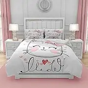 Azppsad Duvet Cover Set Queen Size, Pink Cute Cat for Girl 3 Piece Bedding Duvet Set with Zipper Closure, Home Decor Microfiber Fabric Duvet Cover with 2 Pillow Shams for Bedroom