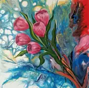 Original Acrylic pour painting Tulips Fluid art Modern Wall Decor 20x20"