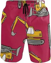 [GuoChe] Men's Novelty Beach Shorts Yellow Grips Bulldozers Red Quick Dry Bathing Suits Sports Running Swim Board Shorts Mesh